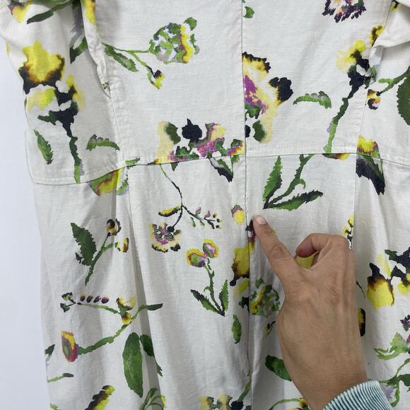 Tanya Taylor Size 8 Inez Dress‎ Linen Blend Floral Ruffle Flutter Sleeves Cream - Picture 11 of 12